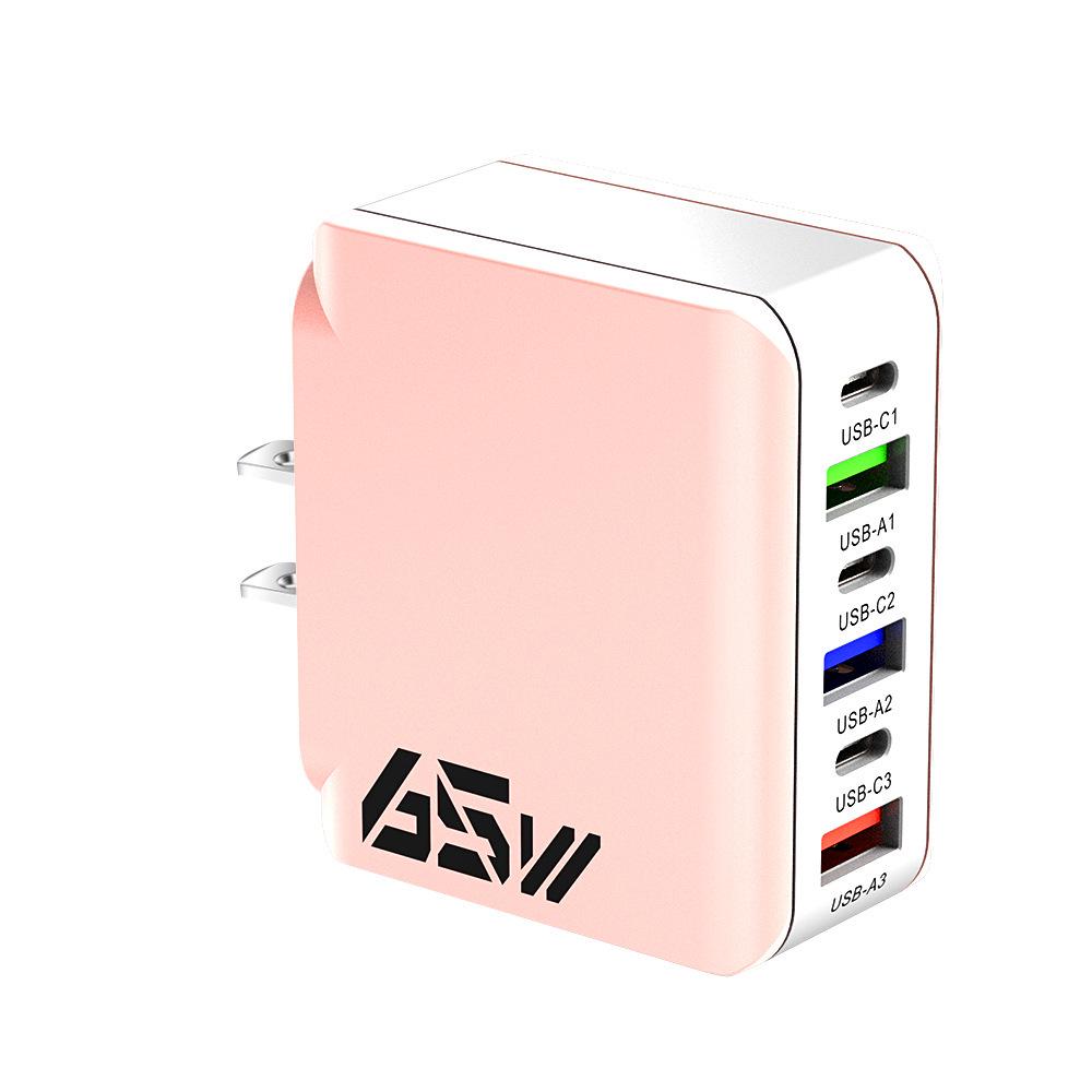 65W Multi-port Charger: 3 PD + 3 USB Ports, Compatible with US/EU/UK Standards, C Port Adapter