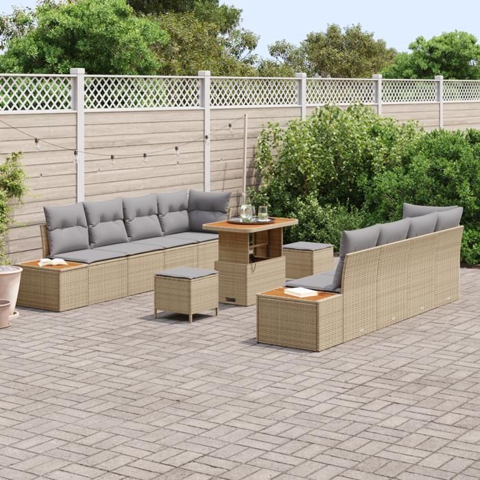 VidaXL Ensemble de sofa de jardin 11 pièces avec coussins en beige poly rotin acacia 3362892