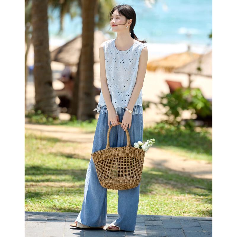 Women's Linen Blend Hollow Knit Top & Denim Pants Set