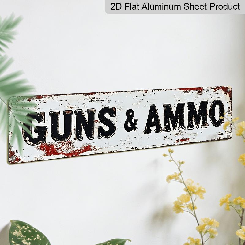 2D Flat, 1pc Vintage Gun & Ammo Aluminum Decorative Sign - Rustic Metal Wall Decor with "Guns & Ammo" Text, 15.7×3.94inch - Farmhouse, Porch