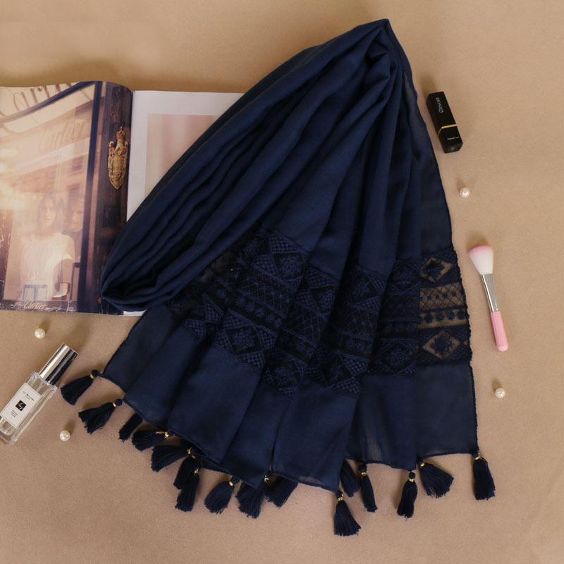 Elegant Lace Cotton Scarf With Tassel Shawl For Women Fashion Geometry Design Muslim Hijab Big Size Scarves 210*70Cm