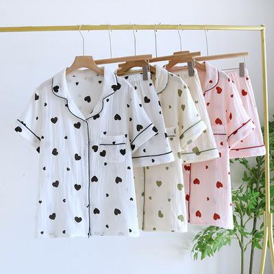 New Summer Women's Pajamas Set 100% Cotton Crepe Short Sleeve Shorts Two Piece Set Love Cute Sweet Home Thin Style Women