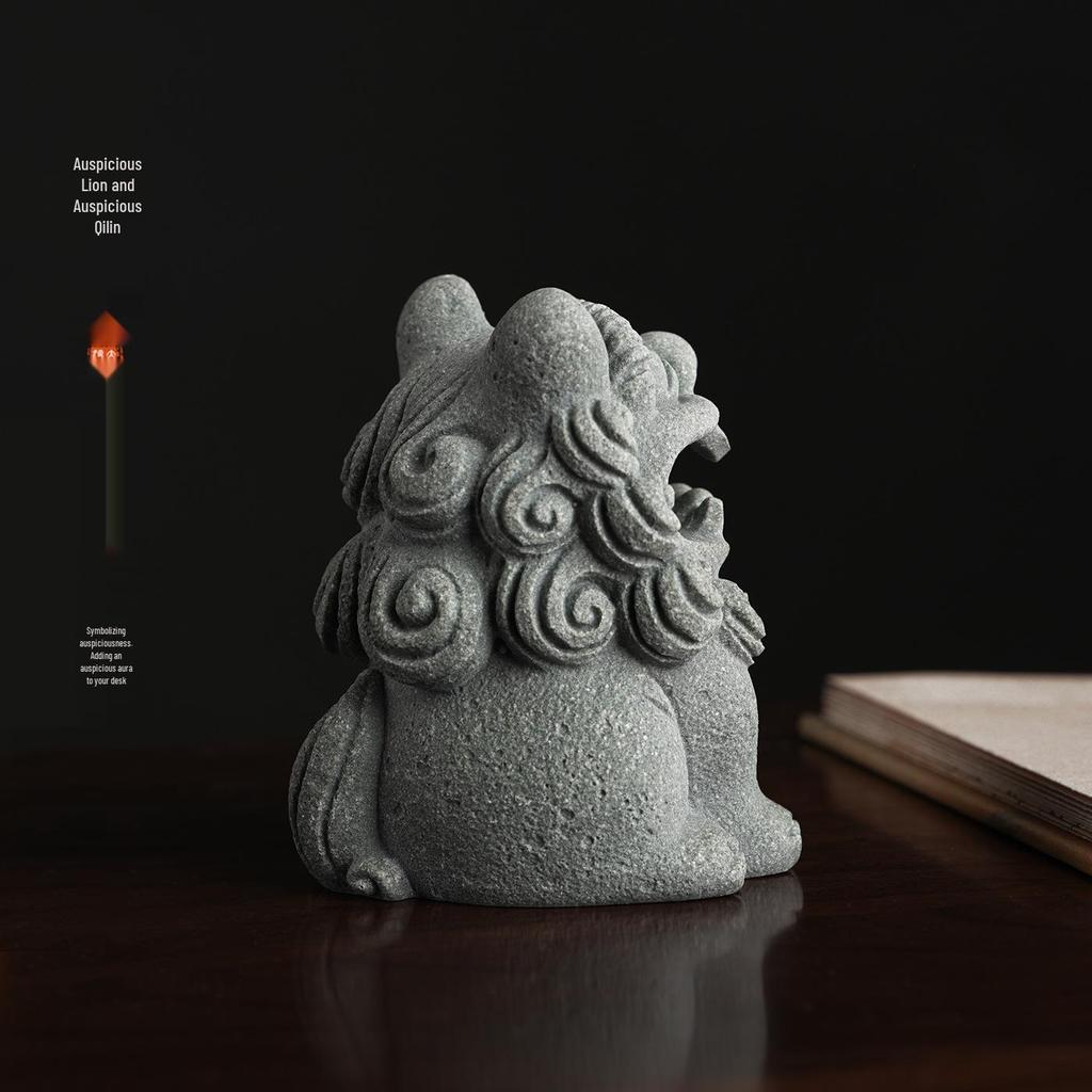 Qilin Green Sandstone Lion Statue Pen Holder Creative Desk Ornament