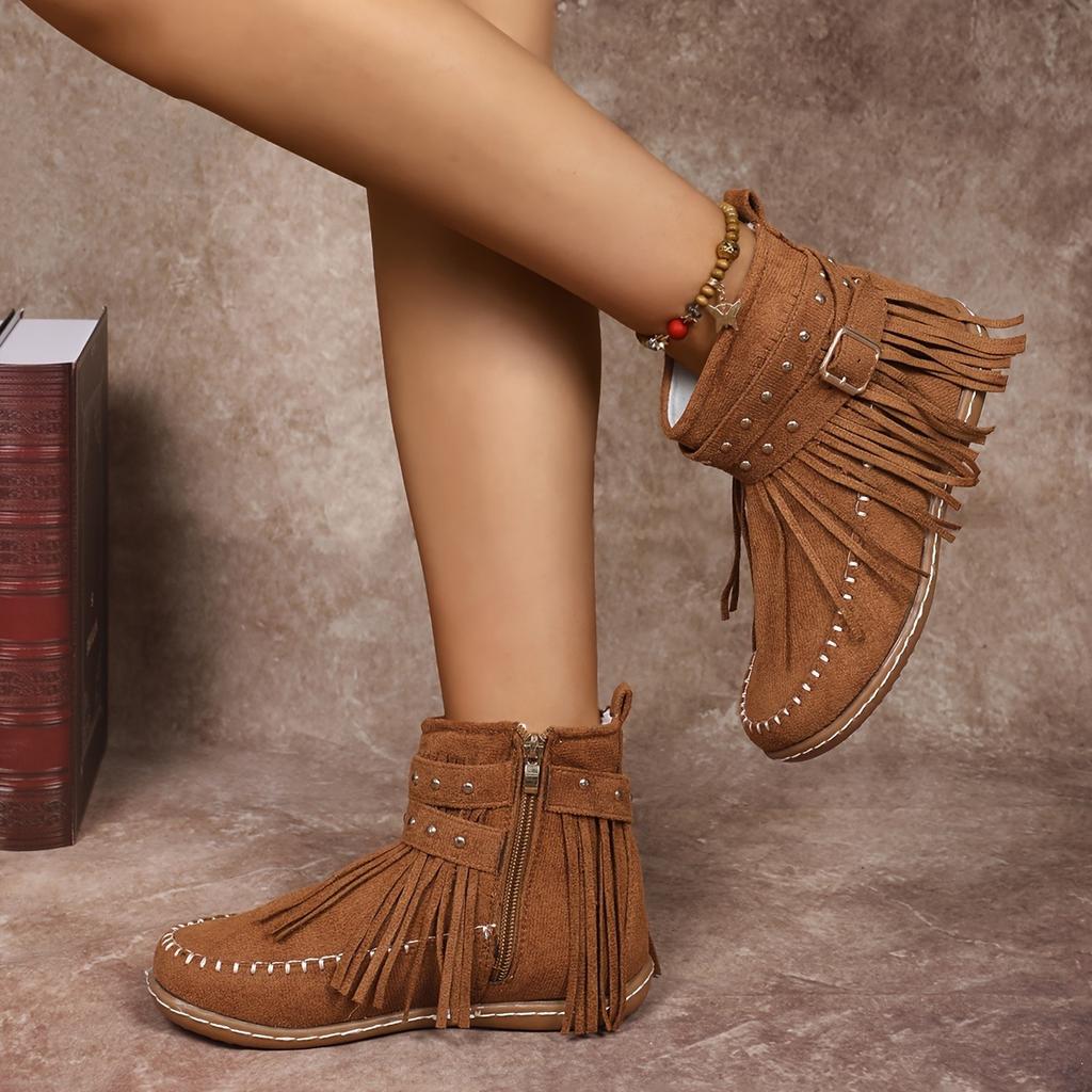 Dámské kovbojské boty s designem okraje Su na zip na jedné straně, celoroční ležérní a pohodlné, kotníkové boty se střapci | Design s jemným prošíváním