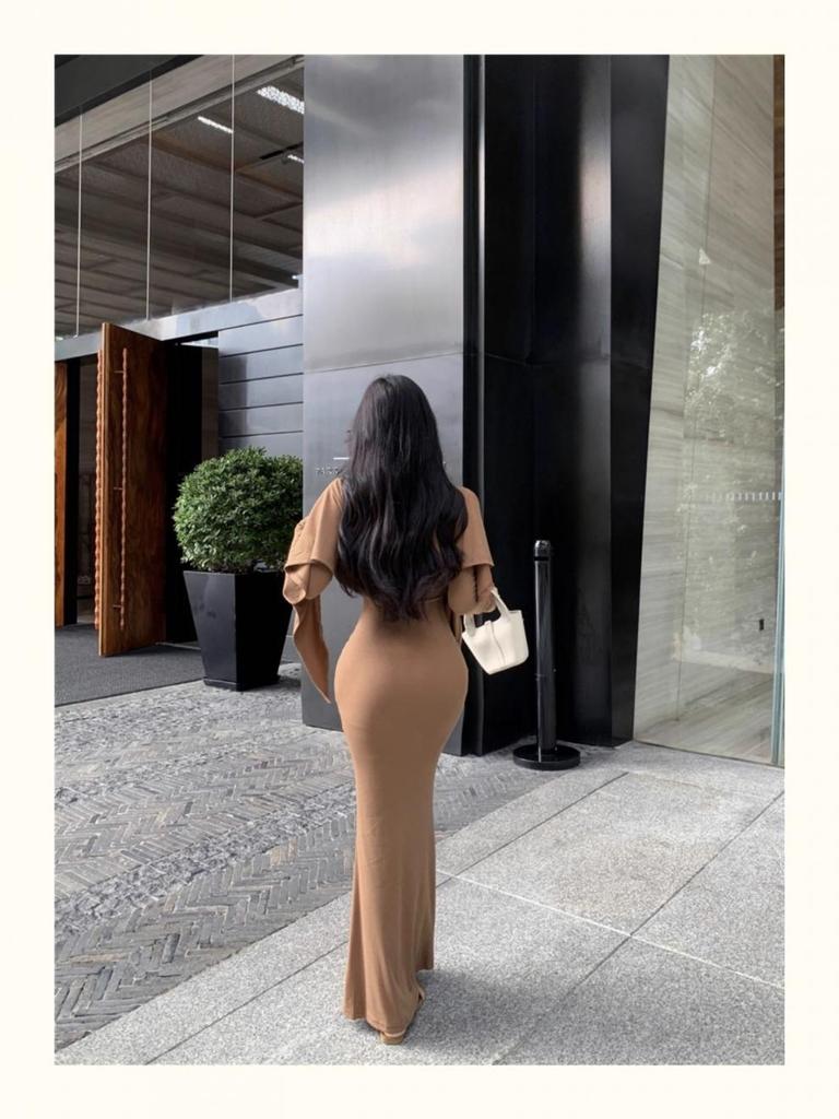 2025 Autumn Women's V-neck Waist-cinching Long-sleeve Hip-hugging Cardigan Dress Set