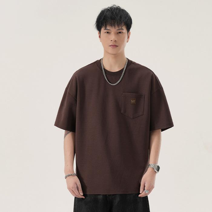 Chest Pocket Short Sleeve Heavy 300g Loose Casual and Versatile Shoulder Line Wear T-shirt for Men