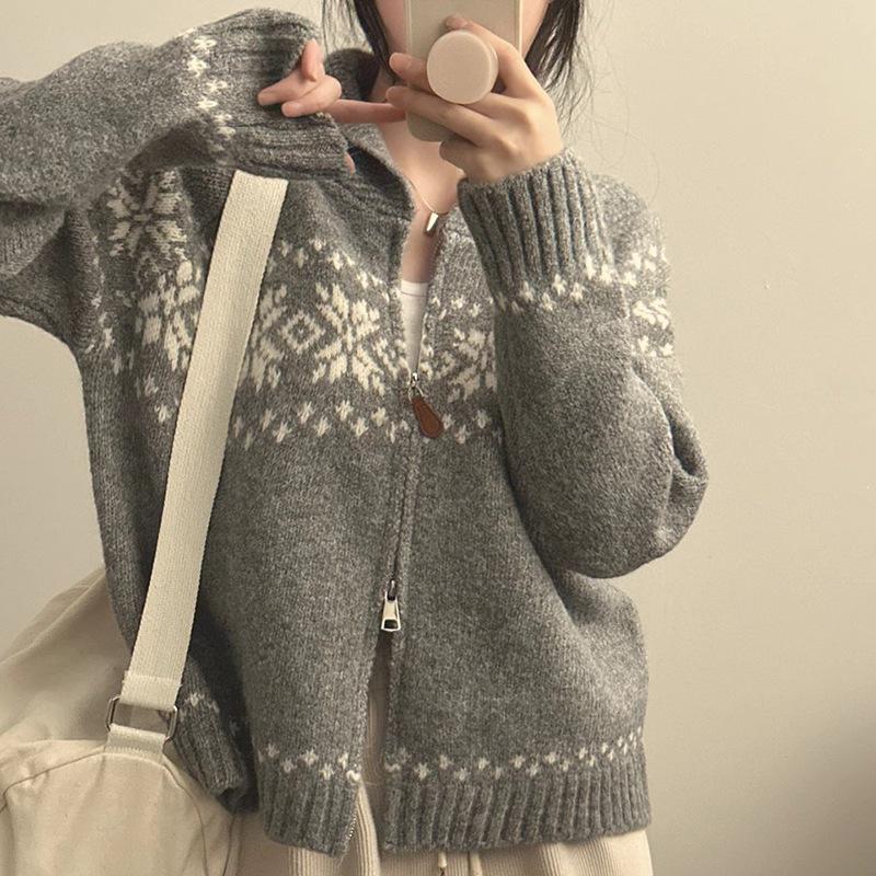 Korean Chic Retro Color Block Knit Sweater Coat for Women