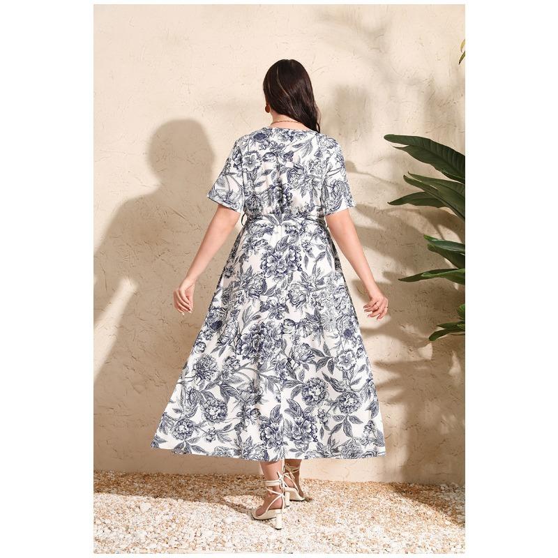 Summer Women Dress Short Sleeve High Waist V-Neck Midi Dress Plus Size Sexy Temperament Print Dress