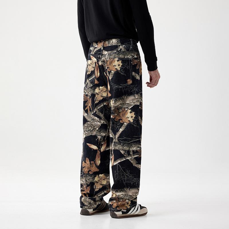 Bajia popular loose straight wide-leg denim print graffiti black branches fallen leaves fashion street jeans men