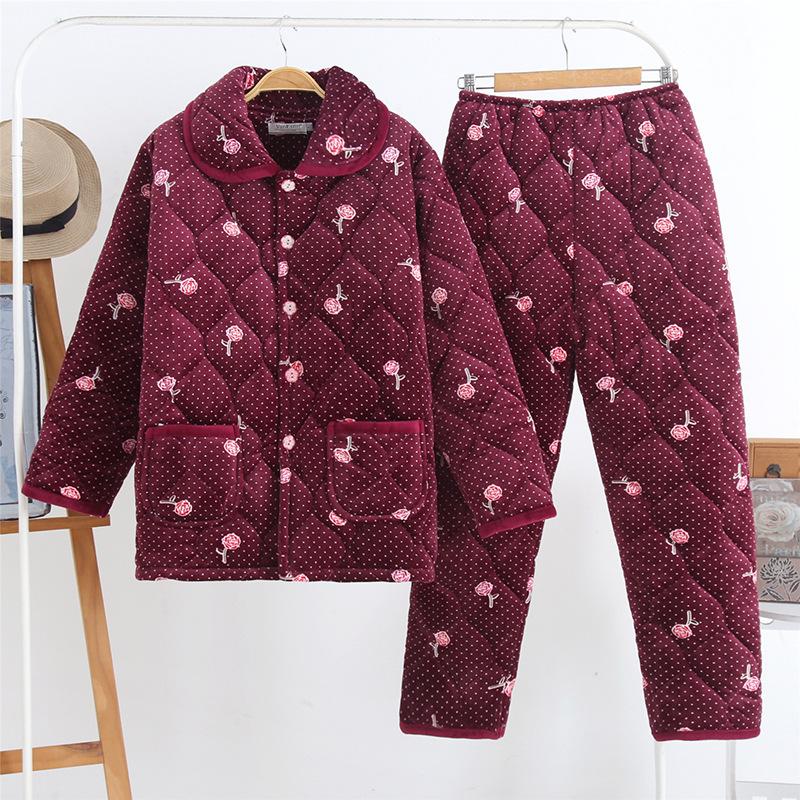 Middle Aged Elderly People Coral Velvet Pajamas Suit Winter Three Layer Thick Warm Women Plush Cotton Jacket Pants Two PCS Women