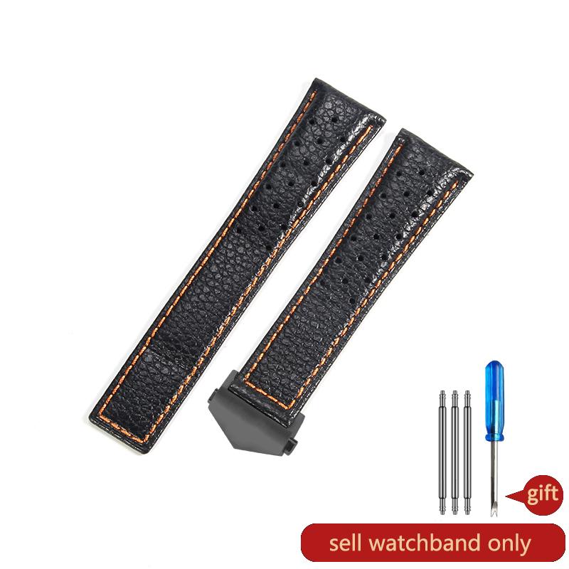 For TagHeuer Genuine Leather Solid Stainless Steel Fold Buckle Monaco Series Classic Blue Orange Line Cowhide 22mm Watch Strap