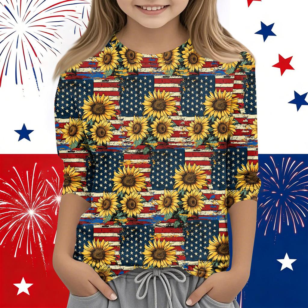 Print Tops For Youth Girls Round Neck 3/4 Sleeves T-Shirts Trendy Tops Outfit Tees Independence Day
