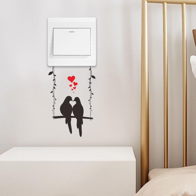 Adesivi per Interruttori Coppia di Uccelli su Altalena Cartone Animato Soggiorno Ingresso Parete di Casa Decorazioni Murali per San Valentino