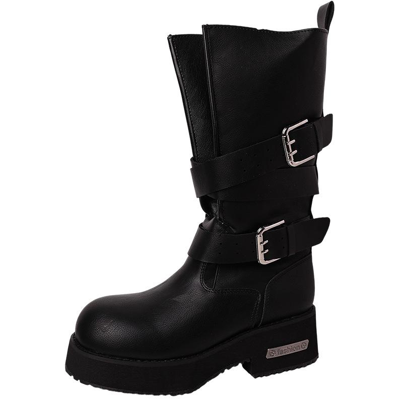 Fashion Short Boots Belt Buckle Locomotive Boxing Boots Women's Design Thick-soled Leather Boots Retro Medium Tube Thick Heel Knight Boots