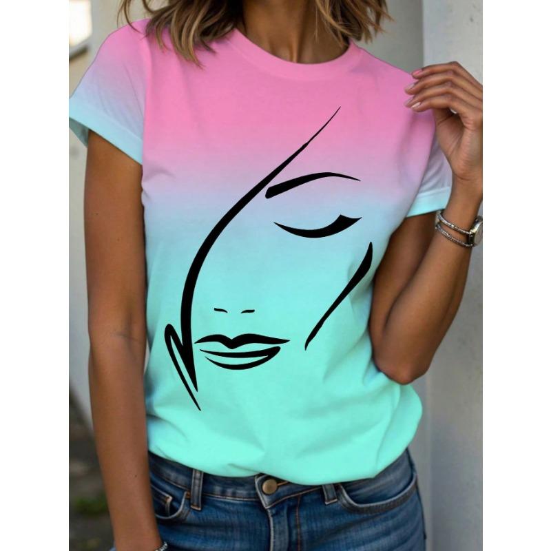 Summer Round Neck 3D Facial Depiction Pattern Print Top Fashionable Casual Short Sleeved Women's T-shirts