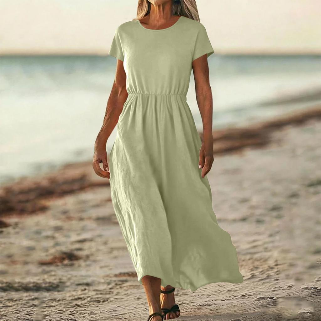 O-Neck Dress For Women Casual Comfy Cotton Linen Short Sleeve Tunic Beach Dresses With Pockets