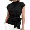 Women Fashion Simple Half High Neck Short Sleeve Belted Waist Top