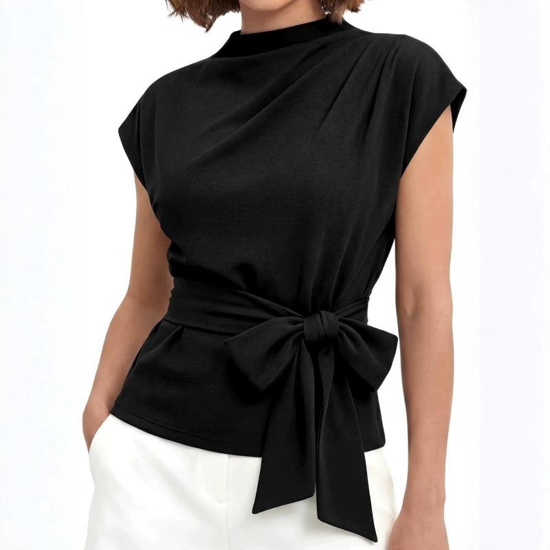 Women Fashion Simple Half High Neck Short Sleeve Belted Waist Top