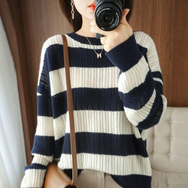 Round Neck Thick Sweater Women's Autumn and Winter Striped Sweater Hollow Loose Knit Sweater