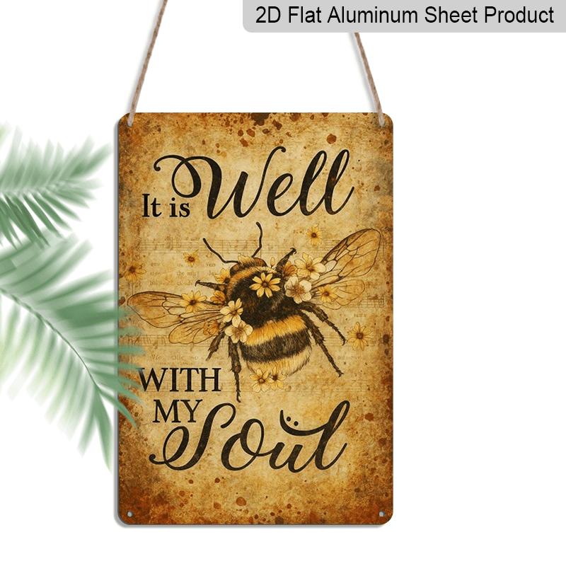 

2D Flat, Vintage Bee and Flower Wall Plaque with My Soul Is Good Quote - Rustic Aluminium Farmhouse Decor Suitable for Home, Garden, Porch 20*30cm