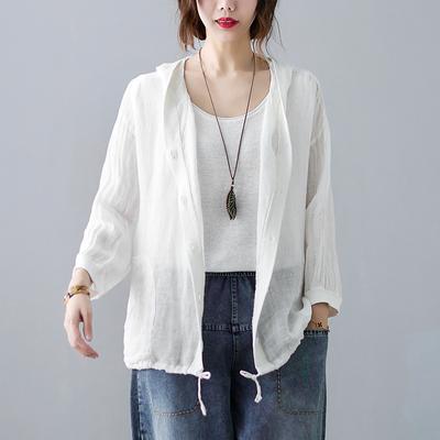 Cotton Linen Hooded Jacket Women's Summer Loose Leisure Thin Sunscreen ShirtLong Sleeved Cardigan Top