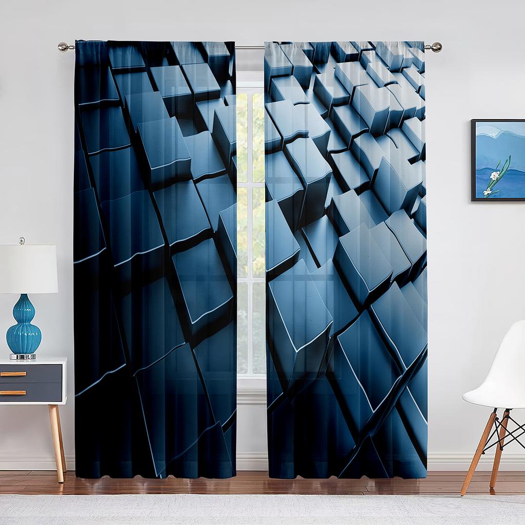 Niebieska Geometryczna Kwadratowa Przezroczysta Woalowa Zasłona do Kuchni Salonu Sypialni Dekor Nowoczesne Abstrakcyjne Tiulowe Zasłony Obróbka Okna