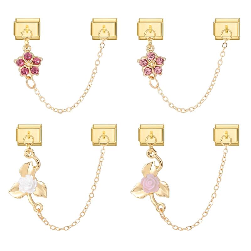 Gold Color Pink Zircon Flowers Rose Leaves Tassel Chain DIY Italian Charm Links Fit 9mm Stainless Steel Bracelet for Men Women