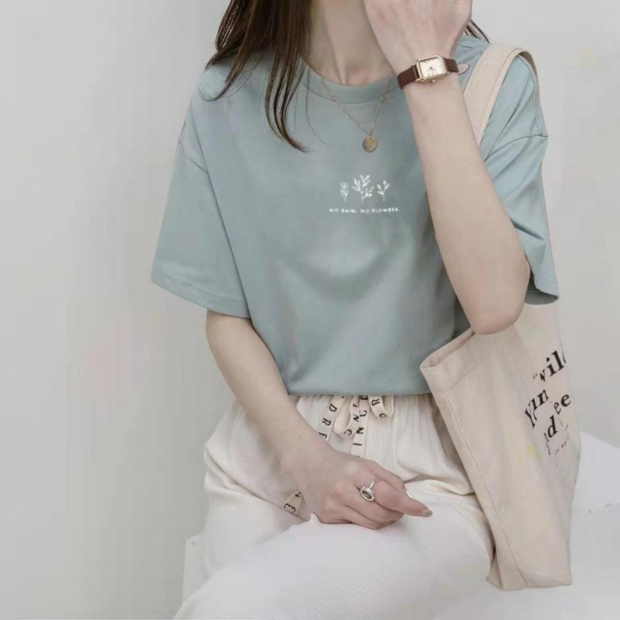 Summer Women Crew Neck T-shirt Loose Casual Solid Botanical Print Short Sleeve Tee T-shirts and Long Sleeves