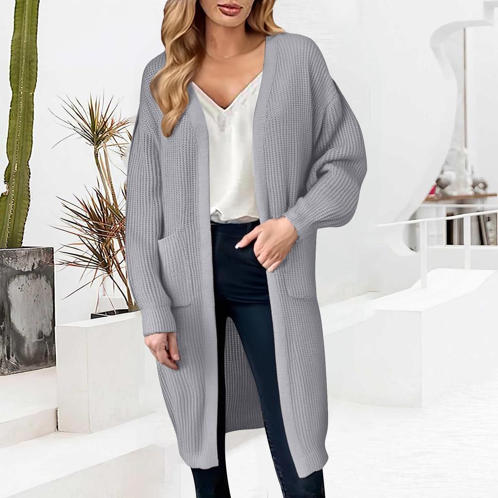 Women's fashionable long-sleeved pocket, large-sized loose cardigan sweater coat