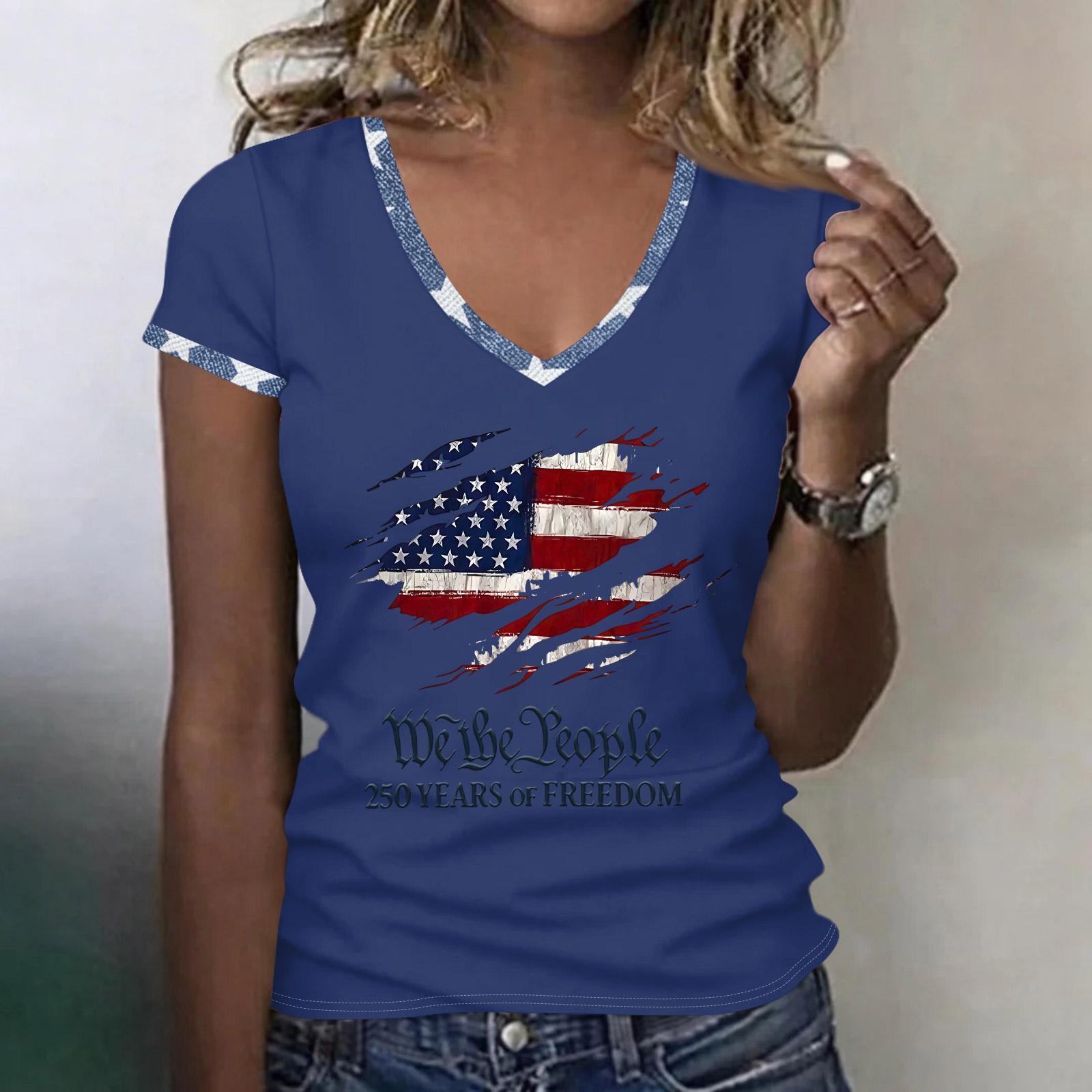 

Womens Spring Tops V Neck Short Sleeve Summer Shirts for Women Casual Flag Print Womens Summer Shirts Tshirts Shirts for Women S синий