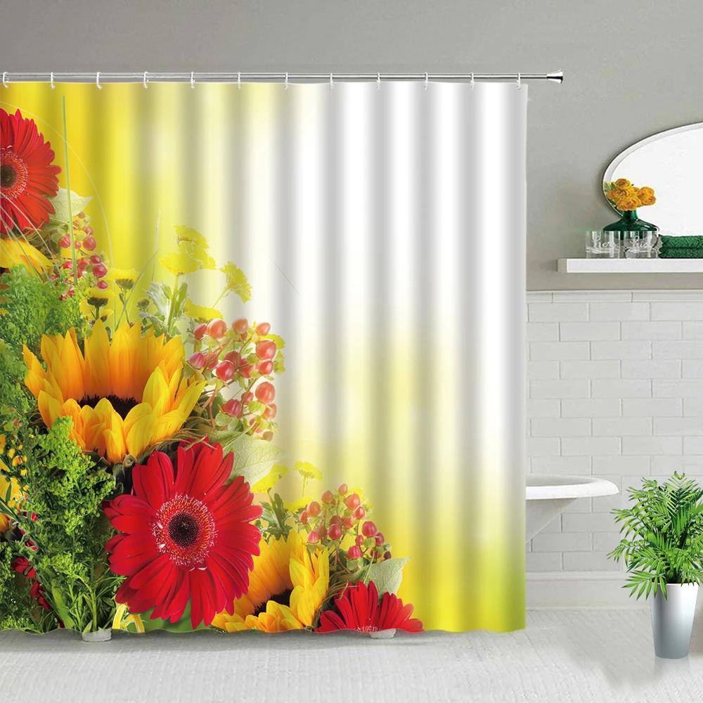 Pink Flower Plant Scenery Shower Curtains Rose Tulip Butterfly Spring Landscape 3d Printing Bathroom Waterproof Bath Curtain Set