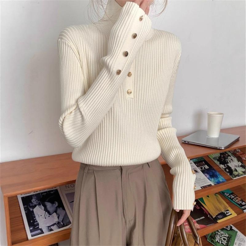 Half-turtleneck Pit Strip Long-sleeved Knitted Bottoming Shirt Women's Autumn and Winter Design Sense Button-up Sweater Slim-fit Top