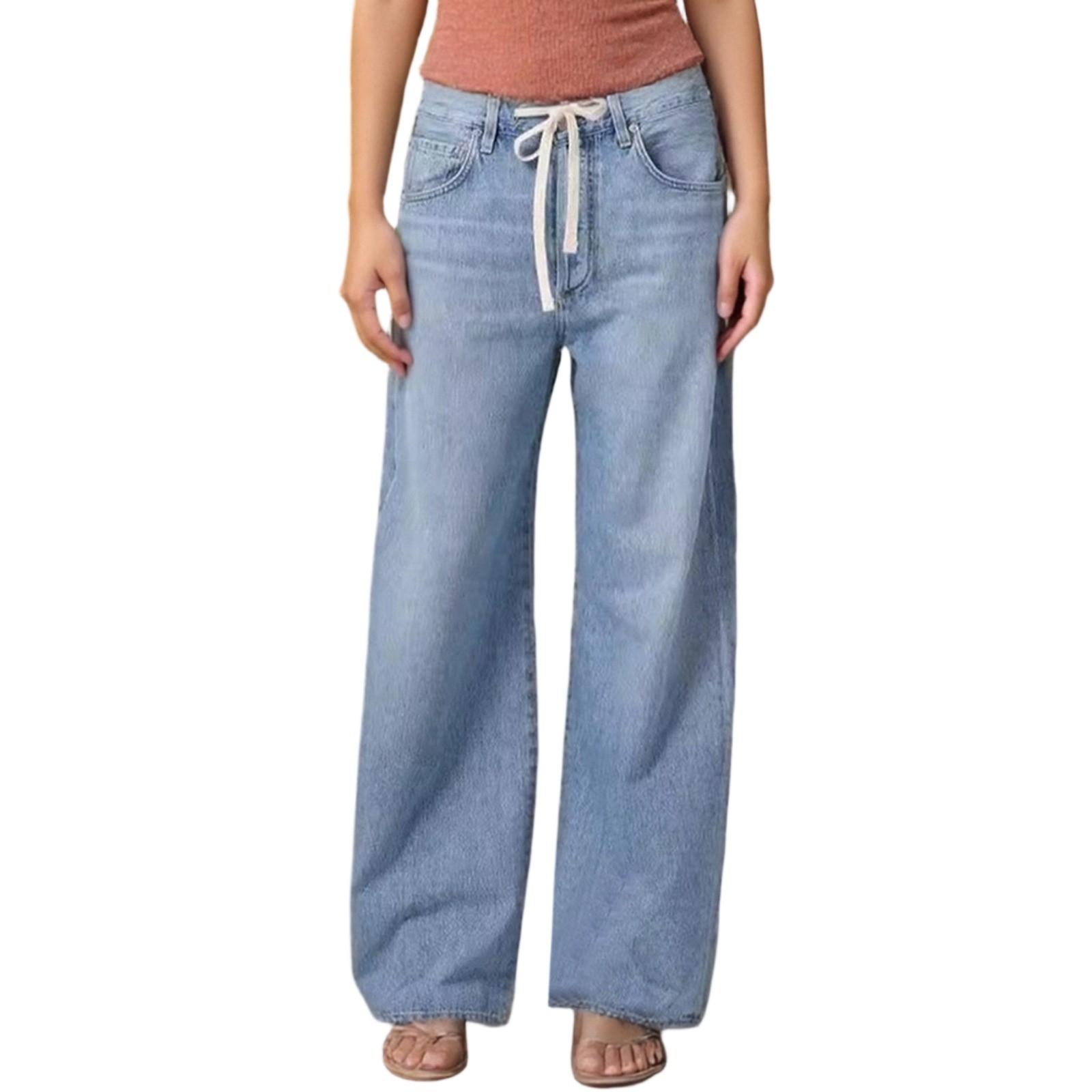

Women Hip Hop Baggy Jeans Wide Leg Mid-Low Waist Jeans Loose Boyfriends Jeans Vintage Denim Pants S синий