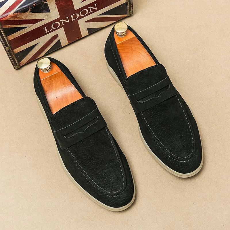 Britain Retro Men Pointed Suede Flats Genuine Leather Shoes Man Casual Penny Loafers Formal Dress Footwear Shoes for Men