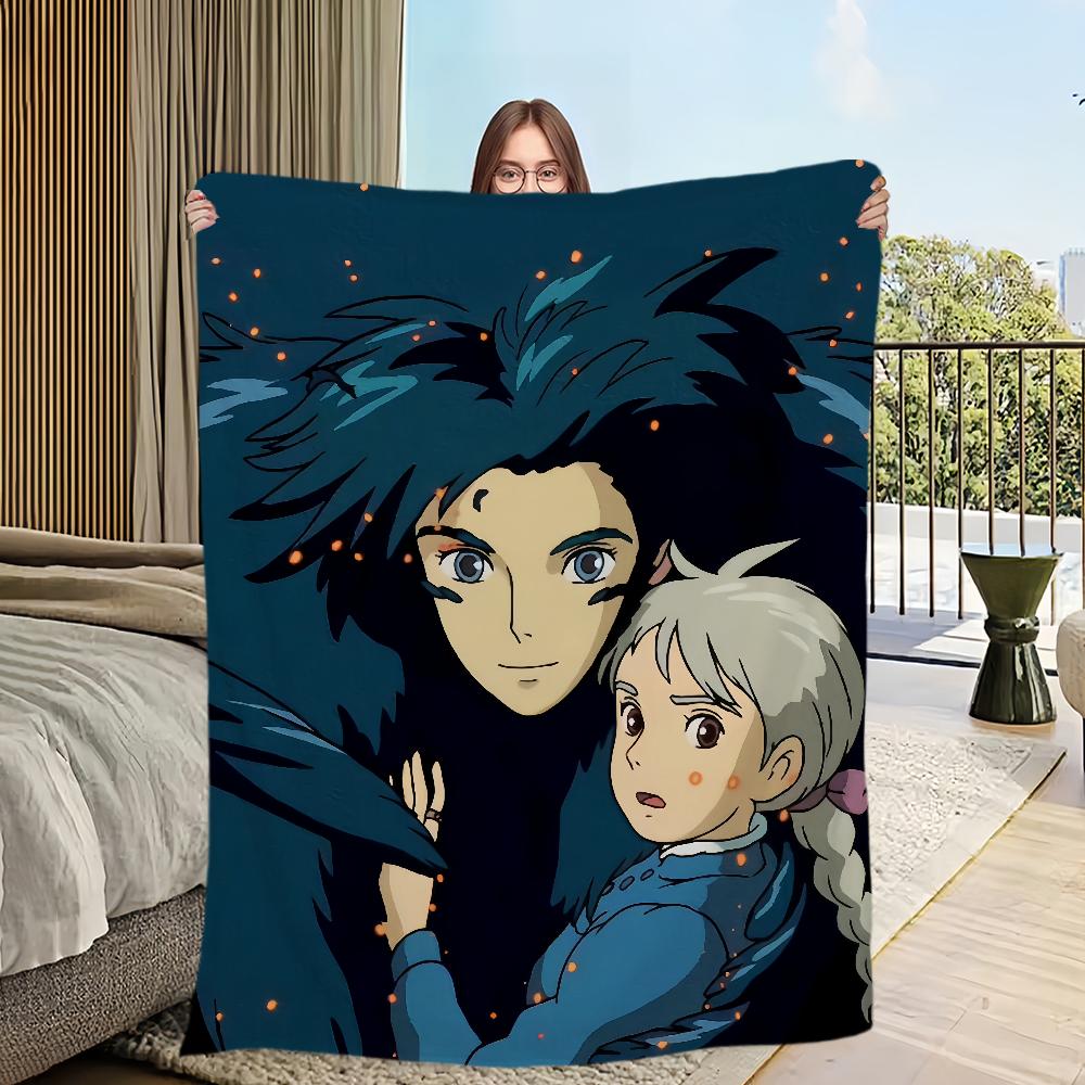 Anime film comfort warm soft plush blanket for sofa living room h-Howl's office bedroom travel Flannel gift m-Moving c-Castle