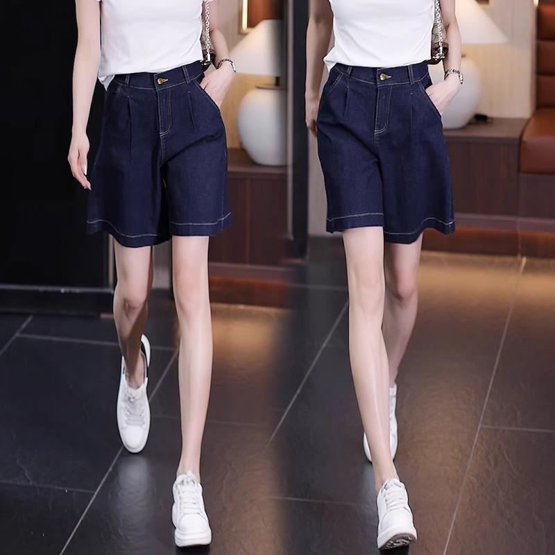 

Женские джинсовые шорты А-силуэта с высокой посадкой 2025 - Летние, стройнящие, свободного кроя M (95-105 lbs recommended) темно-синий