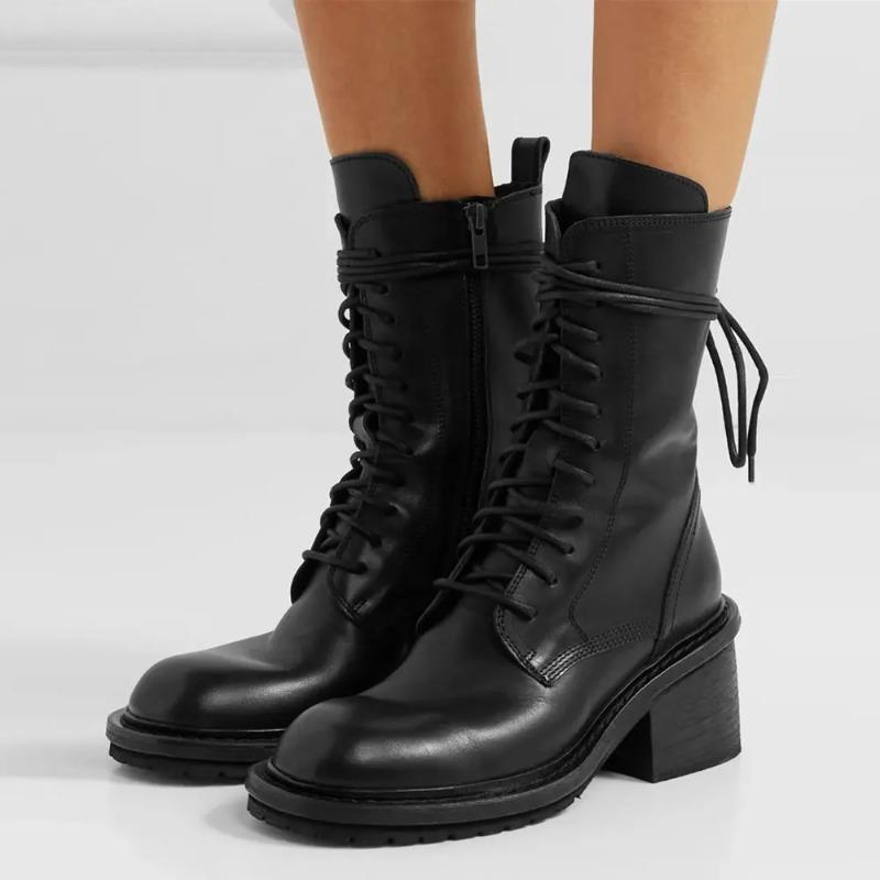2025 Winter Brand High Quality Chic Cool Ankle Boots Women Fashion Black Block Heels Lace-up Zipper Motorcycles Boots Shoes