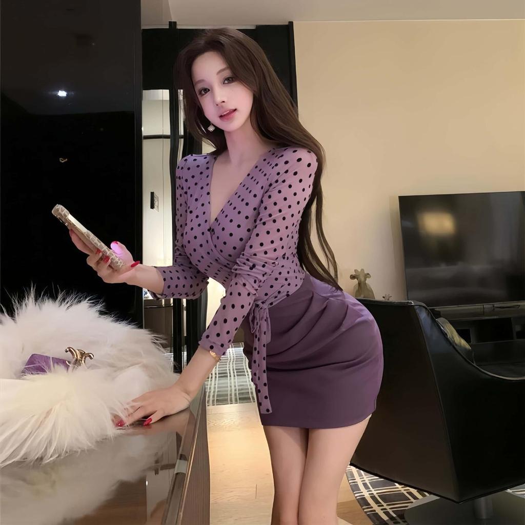 Elegant Purple Polka Dot Two-Piece Look Dress - Long Sleeve, Waist-Cinched, Hip-Hugging Short Skirt for Women, Spring and Autumn