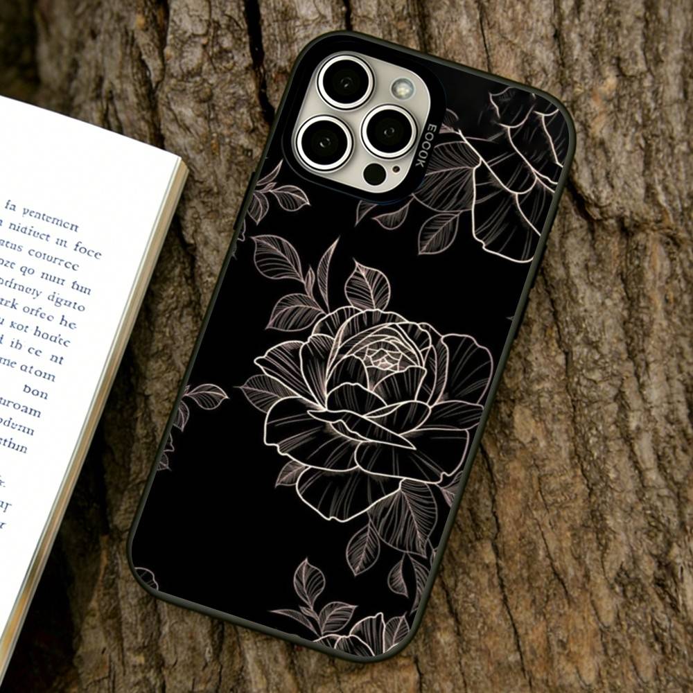 Dark flower Phone Case For iPhone 17,16,15,14,13,12,11 Plus,Pro Max,XS,Colored Silver Plated Inside Cover