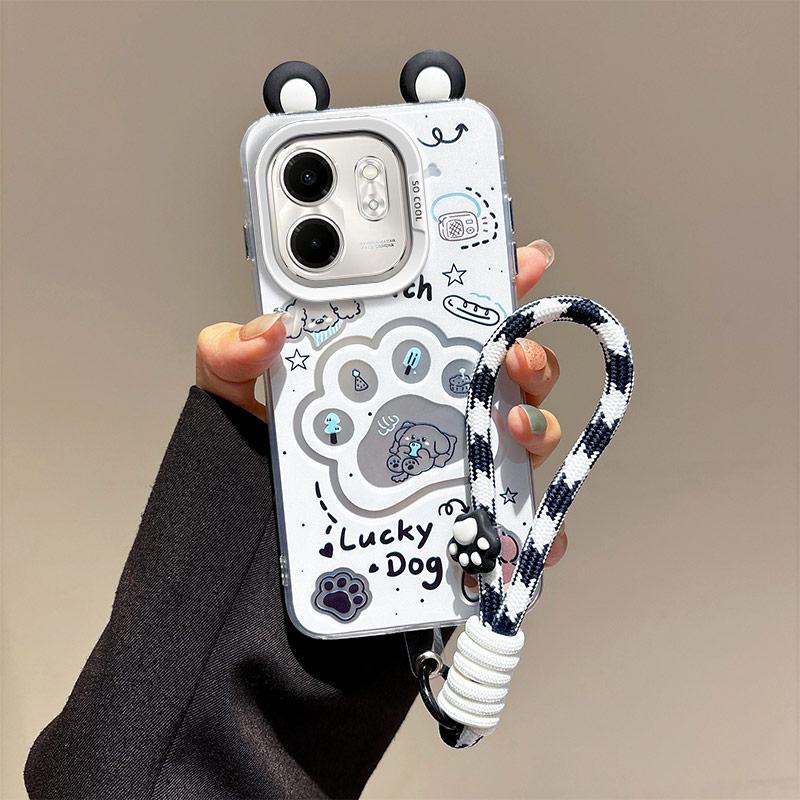 KEYSION Cute Ear Cartoon Case for Infinix Hot 50i with Lanyard Soft Silicone+PC Shockproof Phone Back Cover for Infinix Smart 9