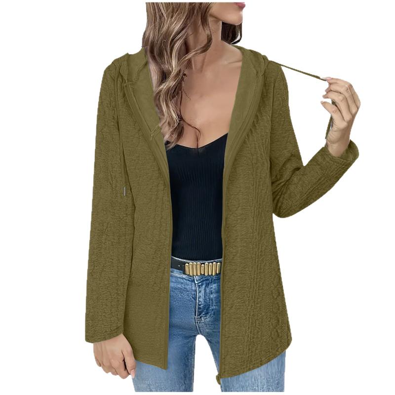 Women's New Spring Autumn Winter Loose Zipper Long-sleeved Hooded Top Solid Color Casual Cardigan Jacket