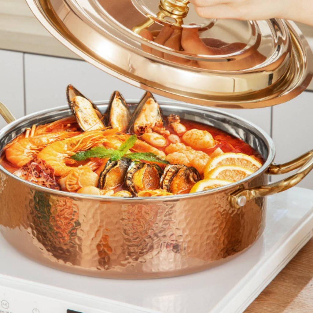 Copper Chafing Dish Hammered Ramen Soup Casserole Pan Lid Multifunctional Even Heating Suitable for