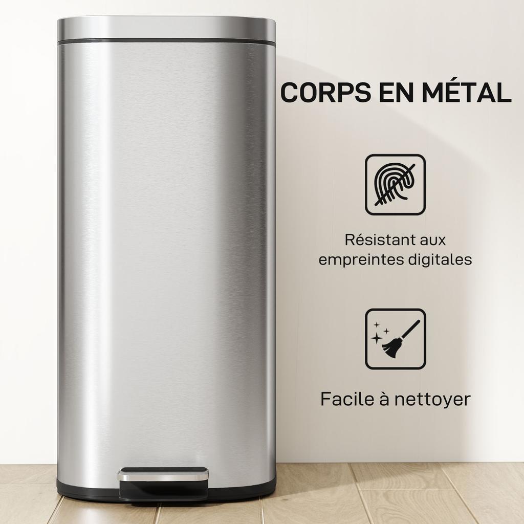 Kitchen Bin 30L, Pedal Bin with Removable Inner Bucket, Soft-close Lid, 29x36x59.5cm, Silver