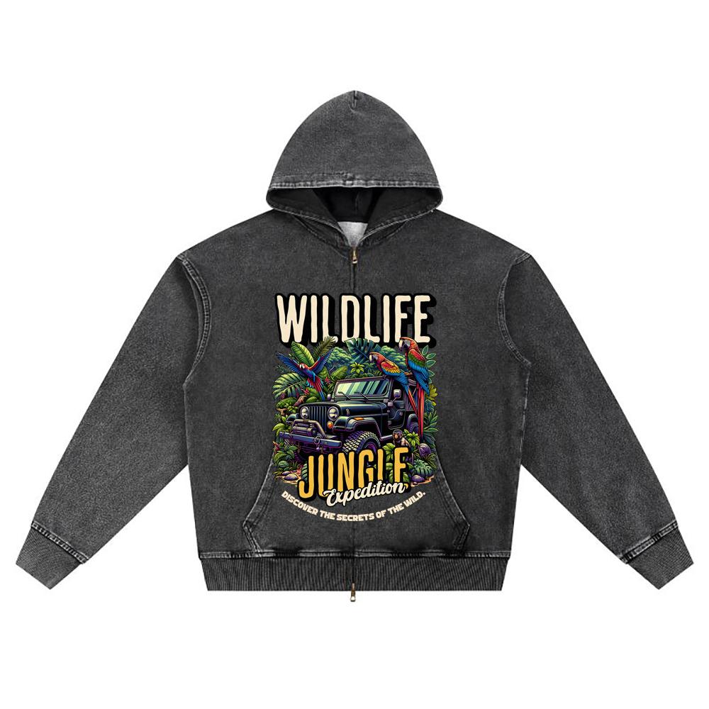 DTG Print Knitted Denim Zip-Up Hoodie Jungle Expedition Brother Print Zipper Hoodies