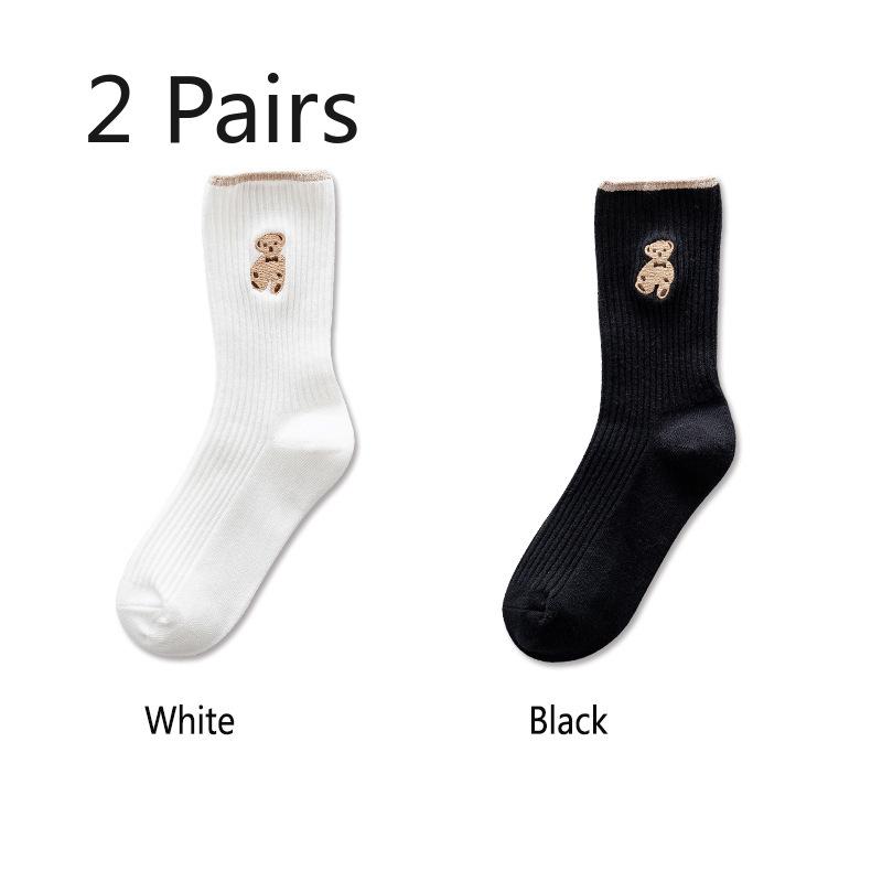 

2 пары женских весенне-осенних новых модных хлопковых носков с вышивкой в виде медведя с длинным ворсом 2 Pairs