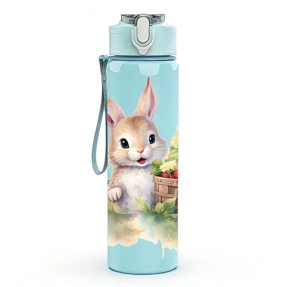 1PC Floral Wreath Bunny Rabbit Print 750ml Color Plastic Sports Water Bottle Leakproof Flip Straw Lid Suitable for Sports Office Home Use
