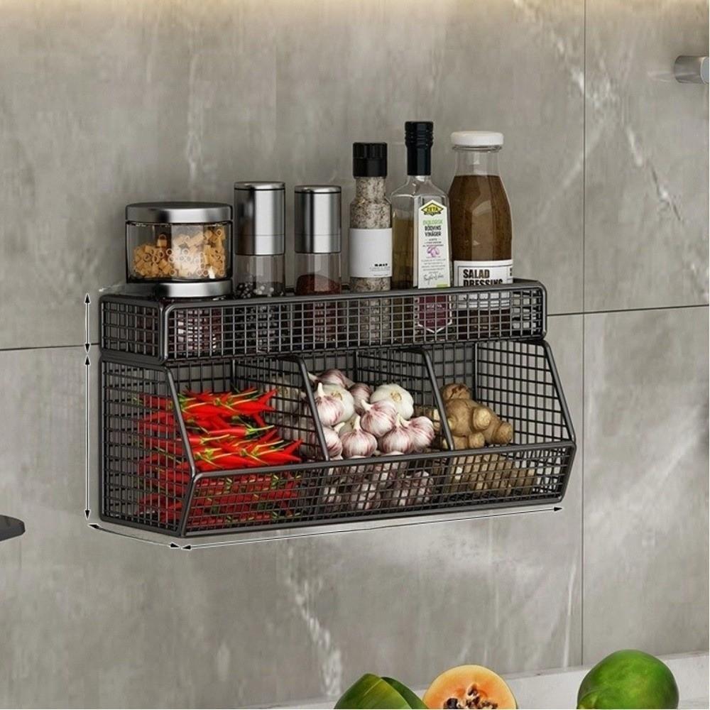 Wall Mounted Hanging Fruits Basket Double Layer Onion Storage Wire Basket  for Garlic