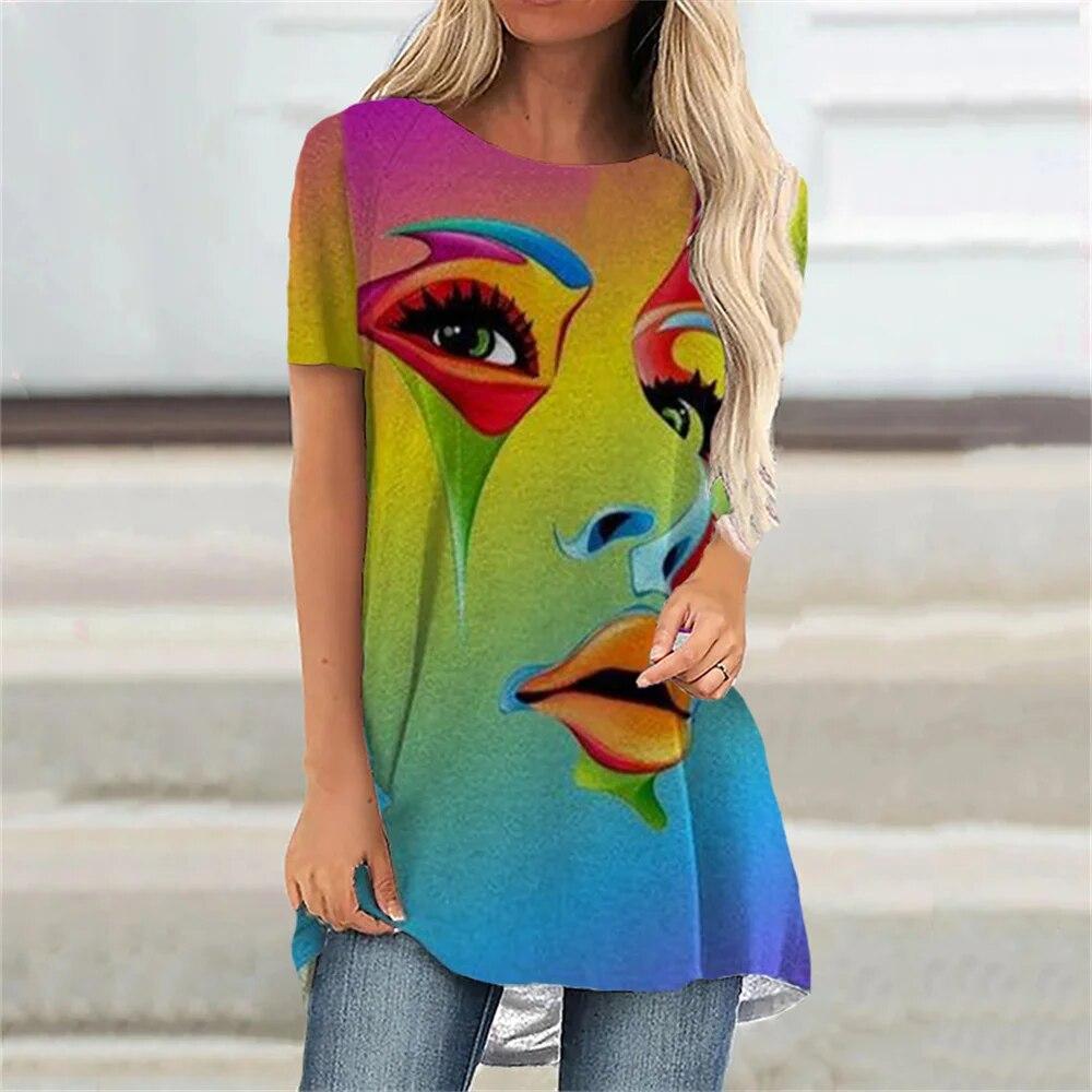 Fashion Cartoon Portrait 3D Print Women T-shirt With O Neck White Short Sleeve Women Clothes Leisure Summer Tops Pullover
