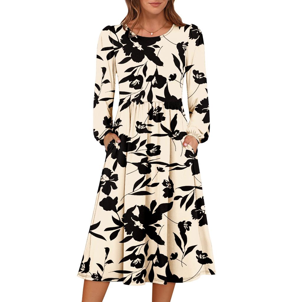 Women's Fashionable Loose Retro Printed Round-neck Dress