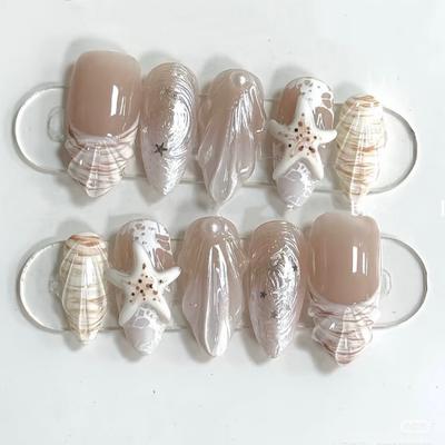 24PCS 3D White Seashell Almond False Nails Summer Ocean Seastar French Ins Nail Tips Beach Style Wearable Sweet Cool Fake Nails